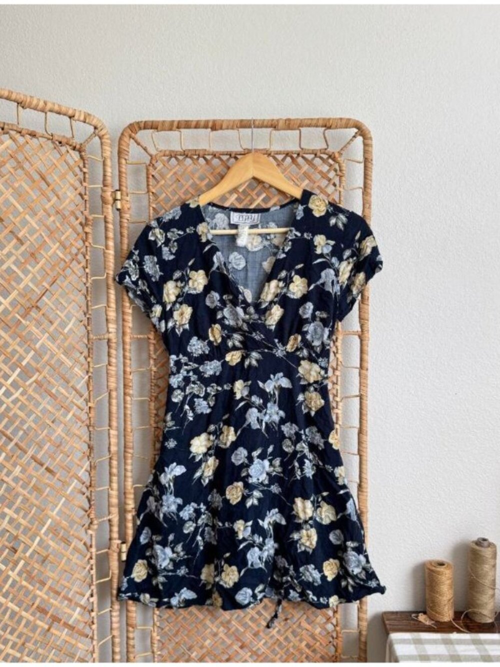 Vintage 90s DBY Navy Floral Wrap Mini Dress V Neck Tie Back - Picture 2 of 5